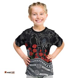 Carlton Blues ANZAC Day Kid T Shirt Indigenous Dot Art with Poppy Flower Tribute TS04