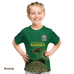 Custom Australia Cricket Spirit 2026 Kid T Shirt World T20 Edition - Green Aboriginal LT9