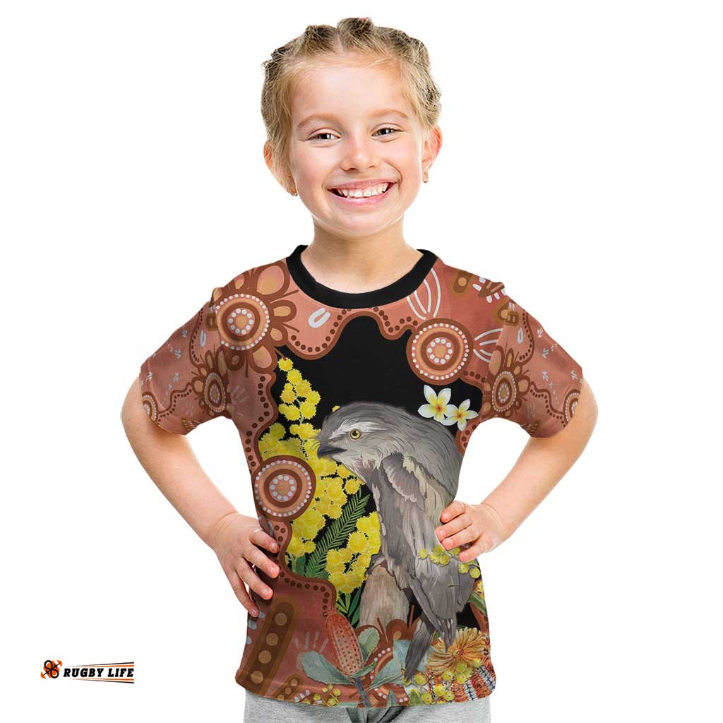 Australia Tawny Frogmouth Kid T Shirt Golden Wattle Banksia Aboriginal Art LT14