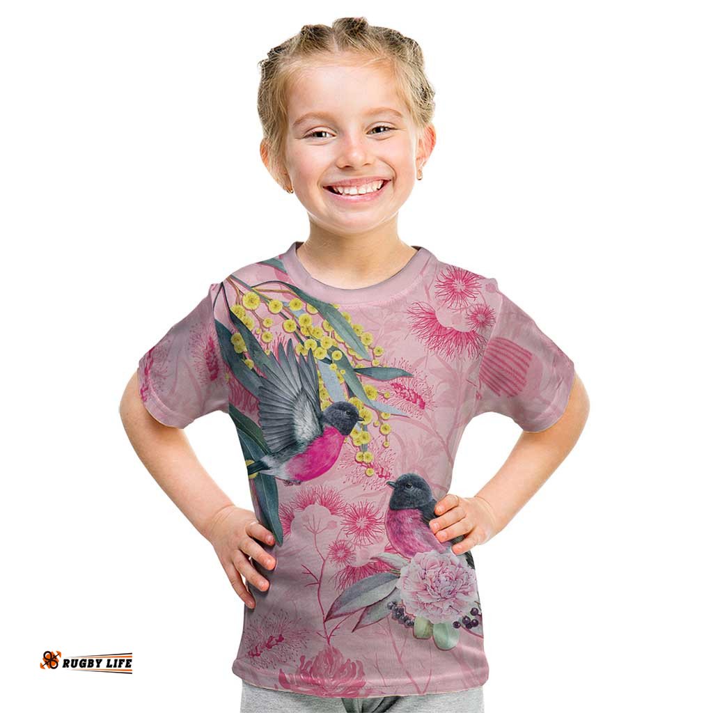Birds and Floral Aussie Pink Robins Kid T Shirt Rosy Glow LT7
