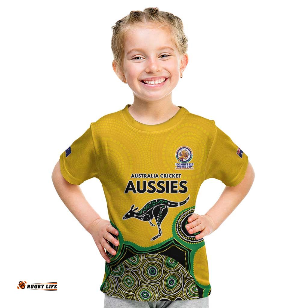 Custom Australia Cricket Spirit 2026 Kid T Shirt World T20 Edition - Gold Aboriginal LT9