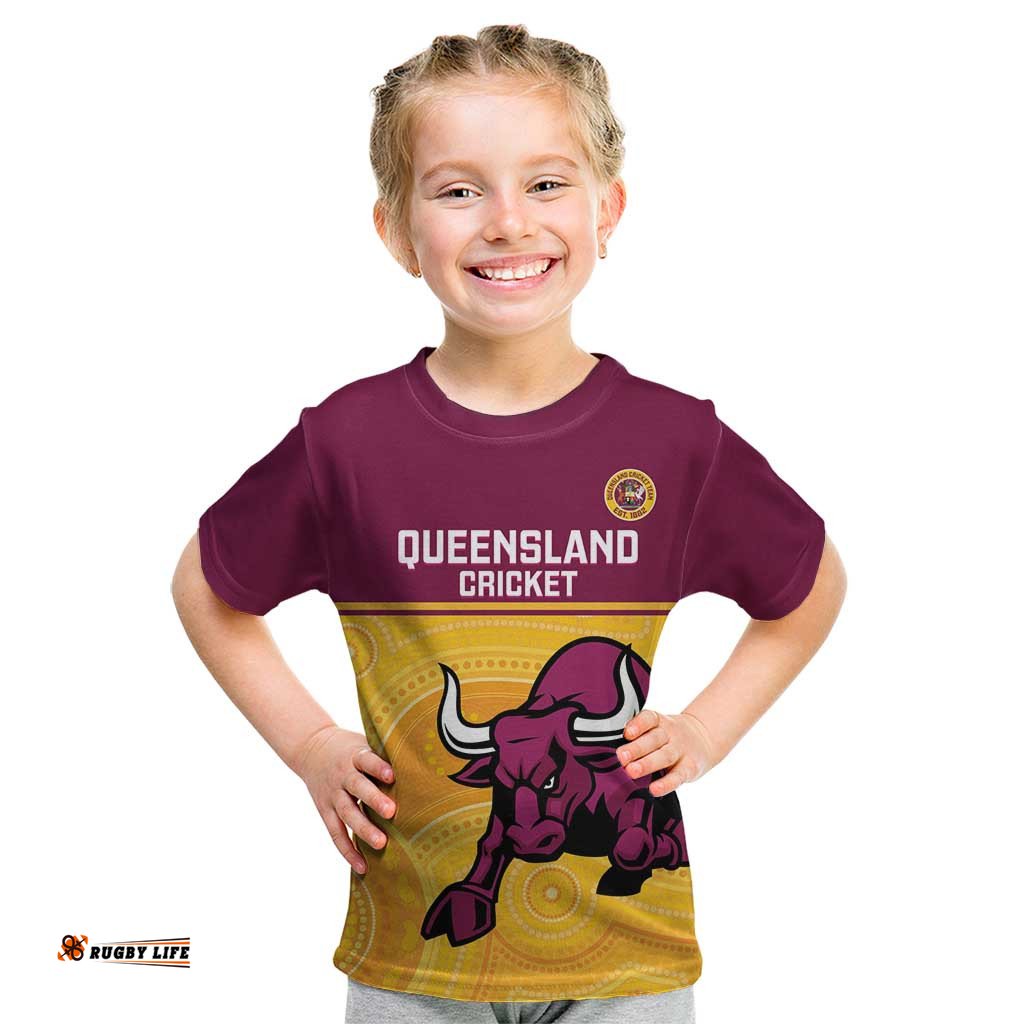 Custom Australia Queensland Cricket Kid T Shirt Go Bulls - Aboriginal Art LT14