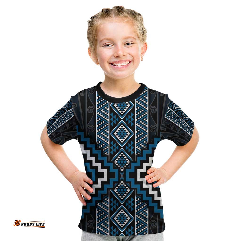 Azure Tukutuku Pattern Aotearoa Kid T Shirt Niho Taniwha and Puhoro Motifs LT7