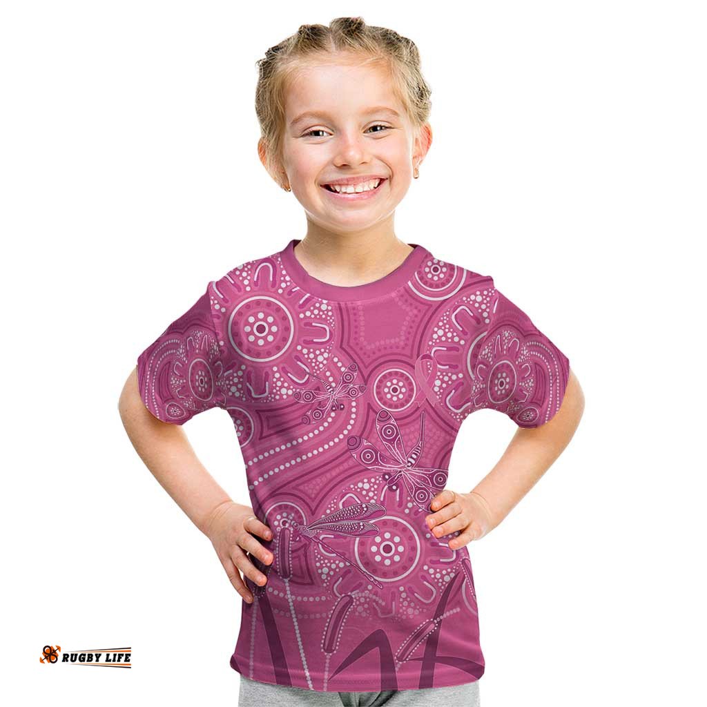Australia Indigenous Pink Month Kid T Shirt Breast Cancer Aboriginal Dragonflies Ribbon LT14