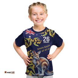 Blue Kangaroo and Golden Wattle Personalised Kid T Shirt Happy Australia Day 6 January LT9