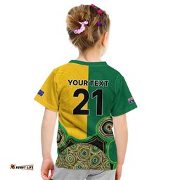 Custom Australia Cricket Spirit 2026 Kid T Shirt World T20 Edition - Aussie Color Aboriginal Motif LT9