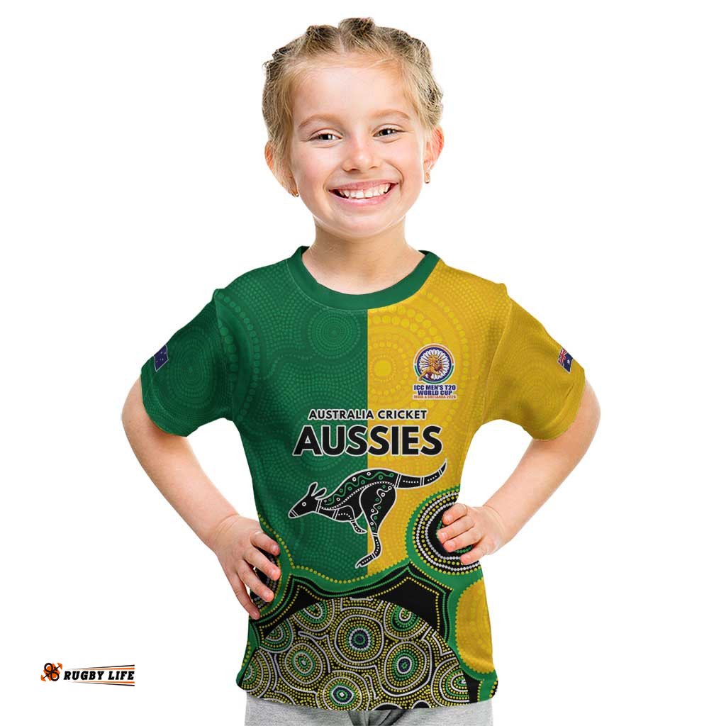 Custom Australia Cricket Spirit 2026 Kid T Shirt World T20 Edition - Aussie Color Aboriginal Motif LT9