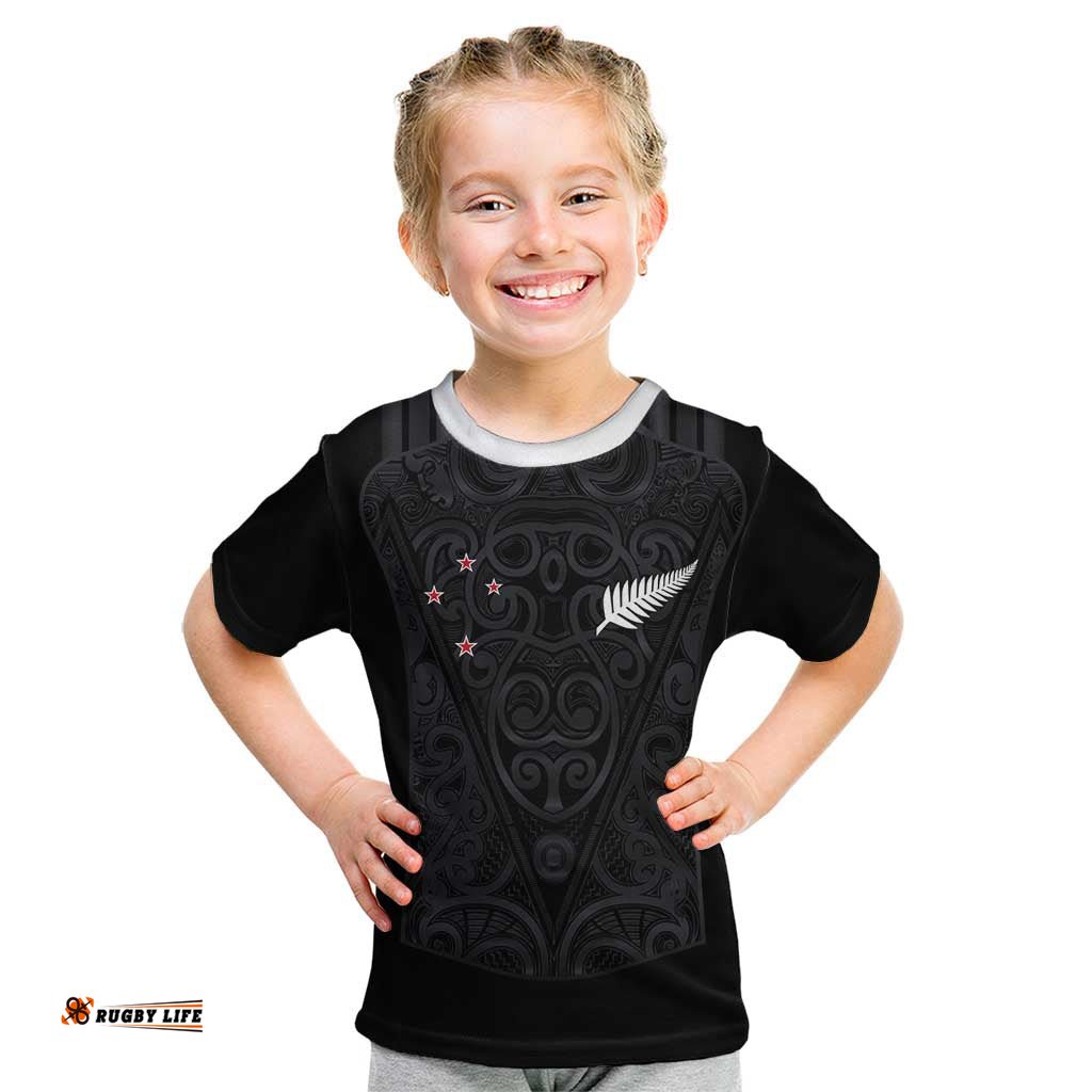 Custom Aotearoa Rugby Kid T Shirt Fern Blacks-Traditional Maori Motifs Design LT03