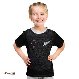 Custom Aotearoa Rugby Kid T Shirt Fern Blacks-Traditional Maori Motifs Design LT03