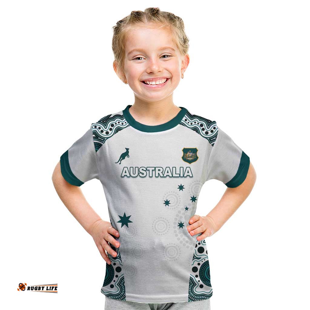 Custom Australia Rugby 2026 Kid T Shirt Go Wallabies Aboriginal Pattern White Version LT05