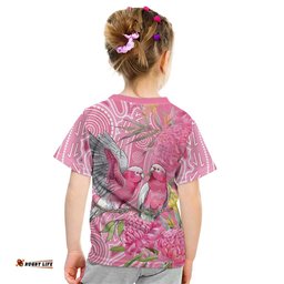 Australia Pink Galah Kid T Shirt Rose-breasted Cockatoo Waratah Indigenous Art LT14