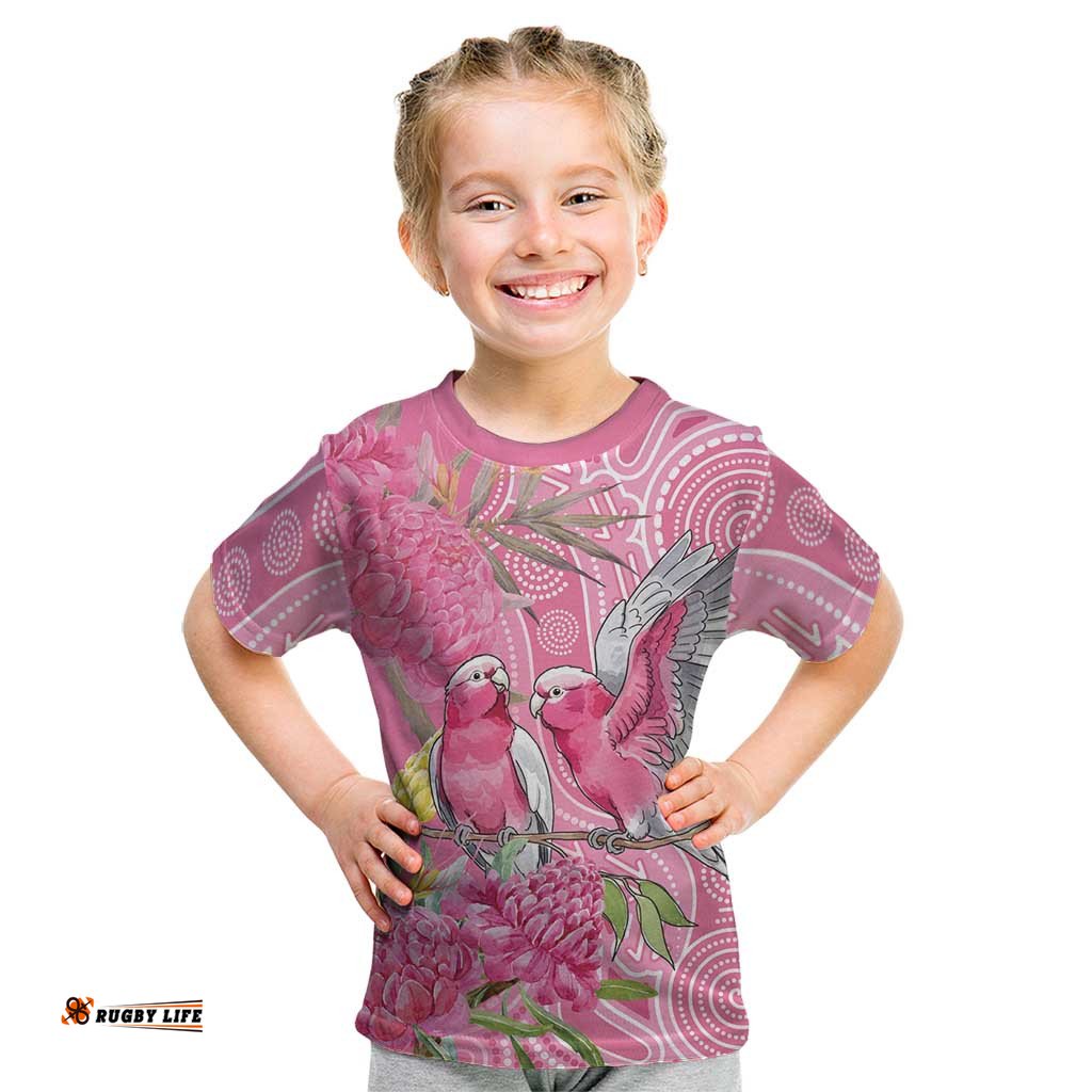 Australia Pink Galah Kid T Shirt Rose-breasted Cockatoo Waratah Indigenous Art LT14
