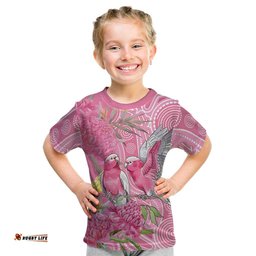 Australia Pink Galah Kid T Shirt Rose-breasted Cockatoo Waratah Indigenous Art LT14