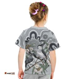 Australia Grey Butcherbird Kid T Shirt Eucalyptus Alba Indigenous Art LT14