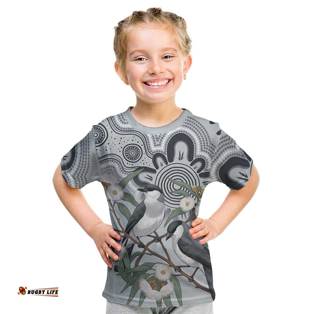 Australia Grey Butcherbird Kid T Shirt Eucalyptus Alba Indigenous Art LT14