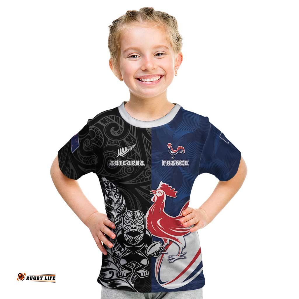 France And New Zealand Rugby Custom Kid T Shirt Les Bleus Rooster With Maori Tiki LT05