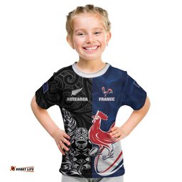 France And New Zealand Rugby Custom Kid T Shirt Les Bleus Rooster With Maori Tiki LT05