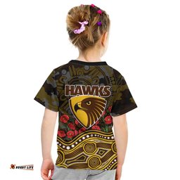 Hawthorn Hawks ANZAC Day Kid T Shirt Indigenous Dot Art with Poppy Flower Tribute TS04