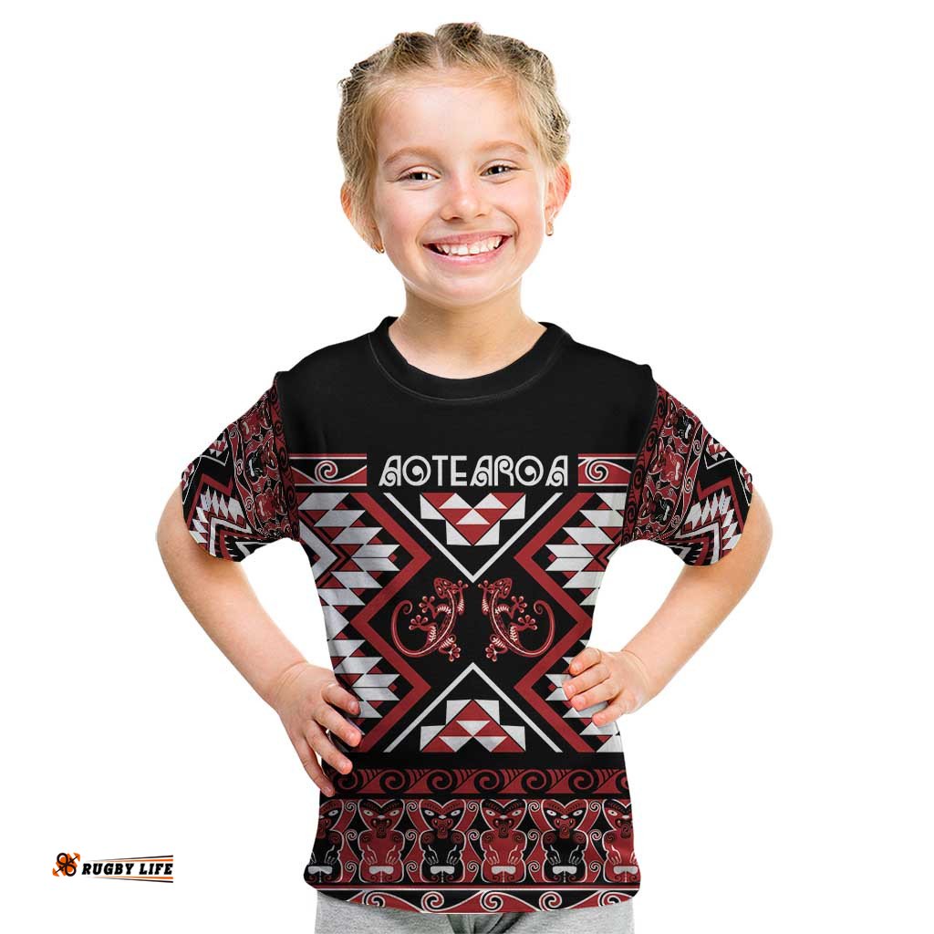 Personalised Aotearoa Waitangi Kid T Shirt Taniko Motifs - Mania Gecko LT7