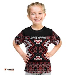 Personalised Aotearoa Waitangi Kid T Shirt Taniko Motifs - Mania Gecko LT7