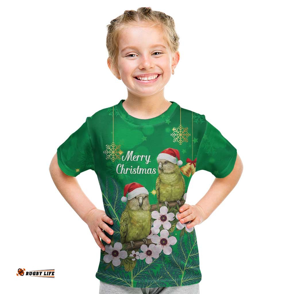 New Zealand Kakapo Christmas Kid T Shirt Owl Parrot Santa Sliver Fern Manuka - Green LT14