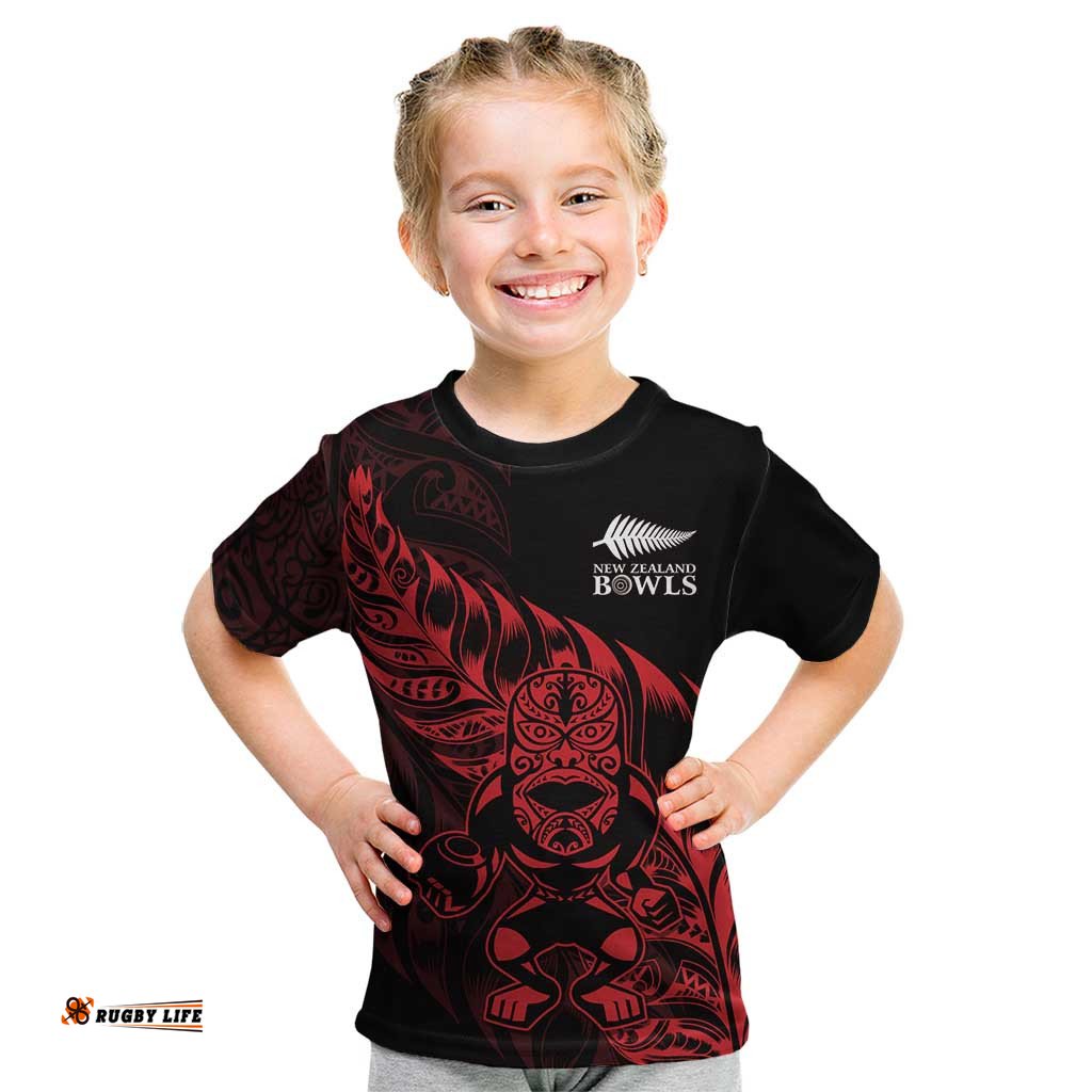 New Zealand Lawn Bowls Custom Kid T Shirt Red Maori Warrior Tribal Silver Fern LT9