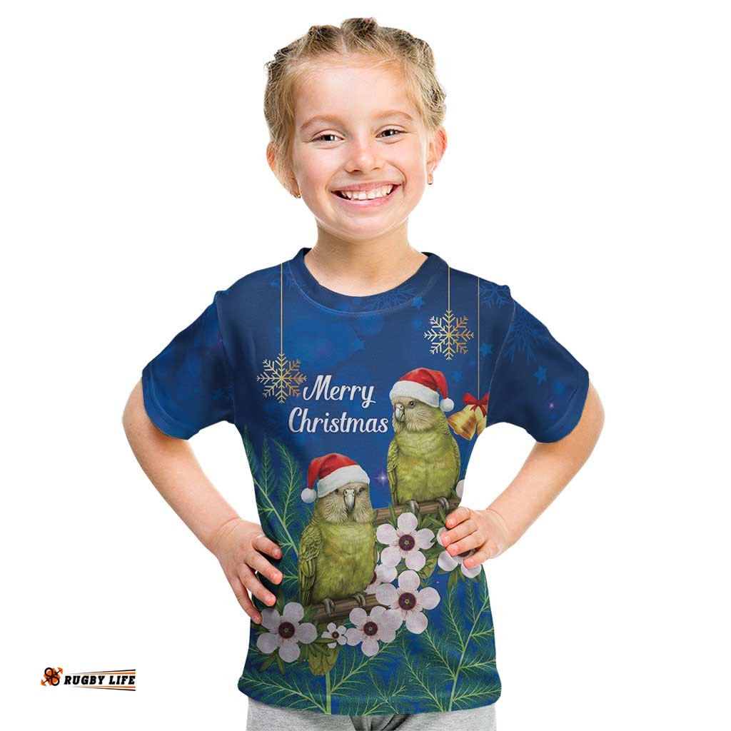 New Zealand Kakapo Christmas Kid T Shirt Owl Parrot Santa Sliver Fern Manuka - Blue LT14