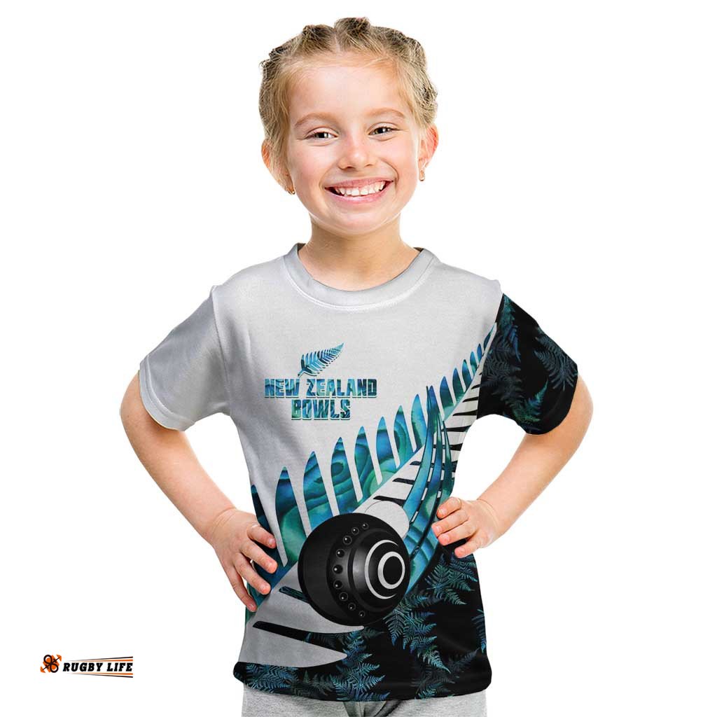 New Zealand Lawn Bowls Custom Kid T Shirt Aotearoa Silver Fern Paua Shell LT14