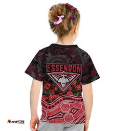 Essendon Bombers ANZAC Day Kid T Shirt Indigenous Dot Art with Poppy Flower Tribute TS04