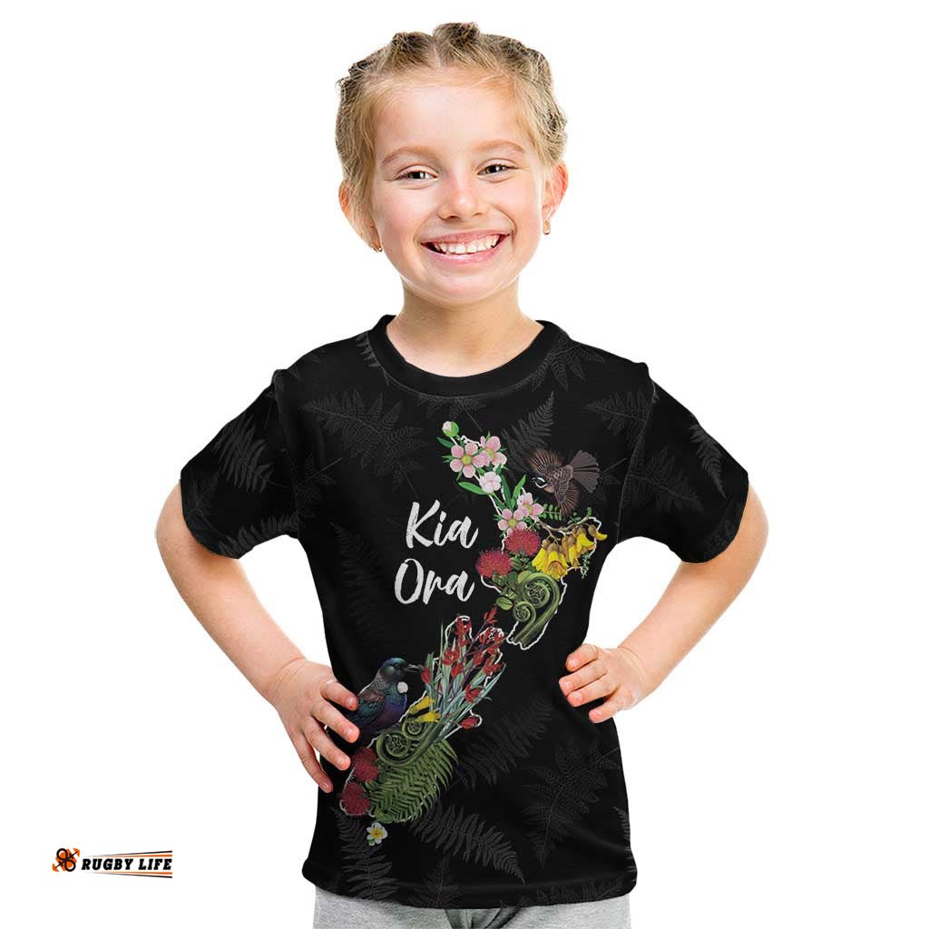 Kia Ora New Zealand Floral Personalized Kid T Shirt Black LT7