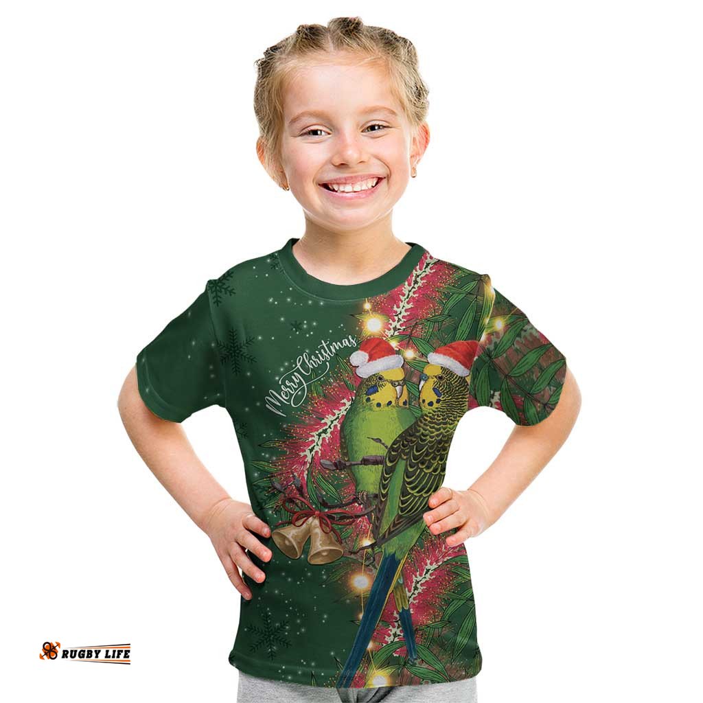 Green Budgerigars on Callistemon Kid T Shirt Merry Christmas Aussie LT7