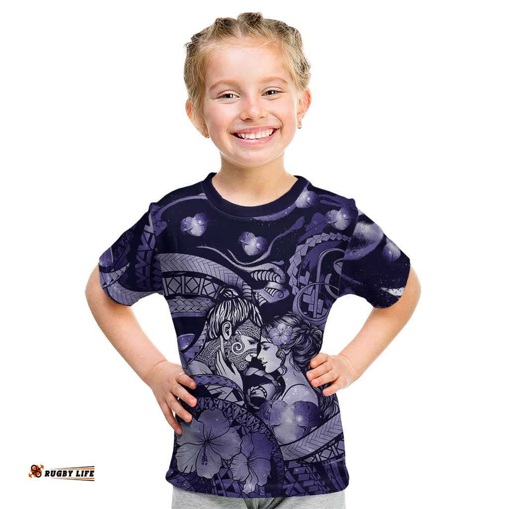 Personalised Maori Romantic Valentine Kid T Shirt The Hongi Kiss Purple Galaxy DT05