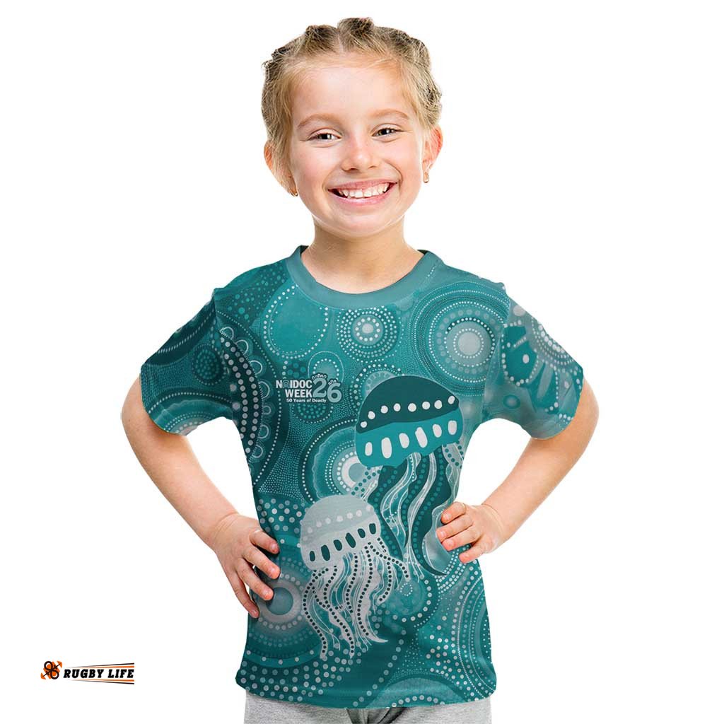 NAIDOC Deadly 50 Years Kid T Shirt Jellyfish Aboriginal Culture Inspired Turquoise LT9
