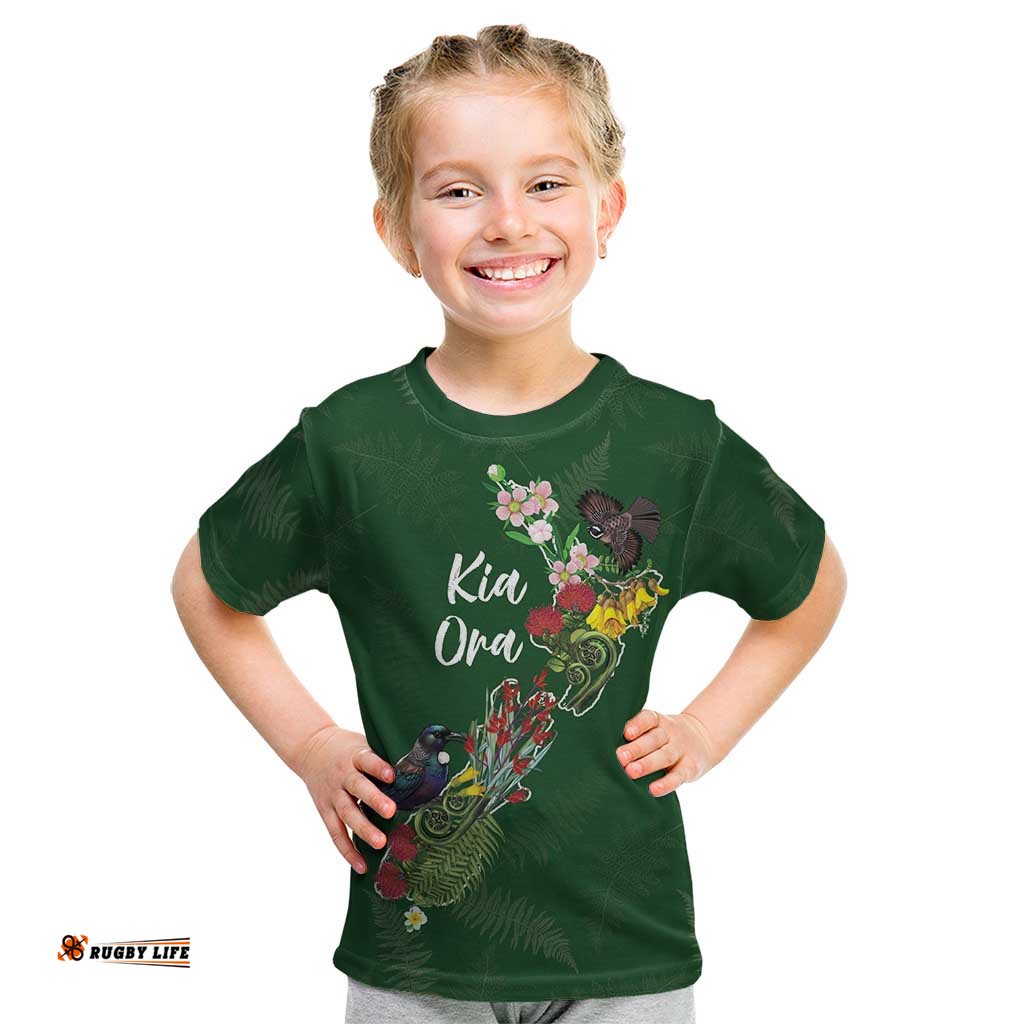 Kia Ora New Zealand Floral Personalized Kid T Shirt Sage Green LT7
