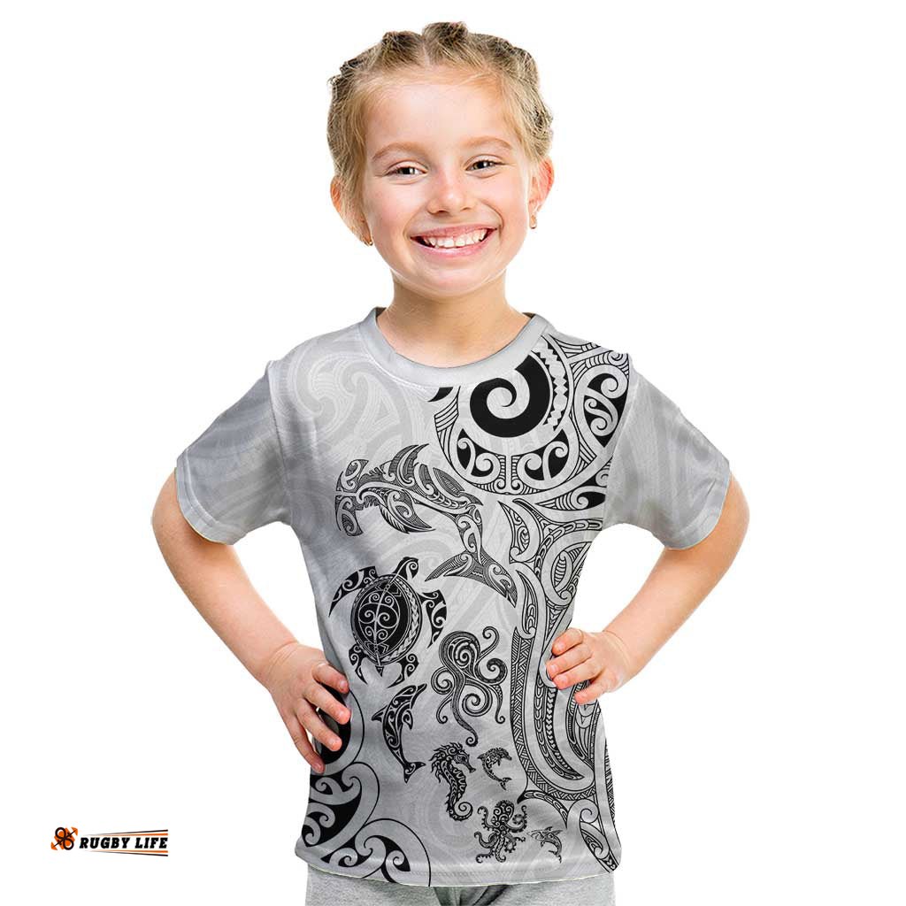 New Zealand Sea Animals with Maori Tribal Tattoo Kid T Shirt White Color LT03