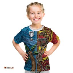 Personalised Australia and Fiji Together Kid T Shirt Tribal Palm Tree with Tapa and Aboriginal Animals Half Style LT03