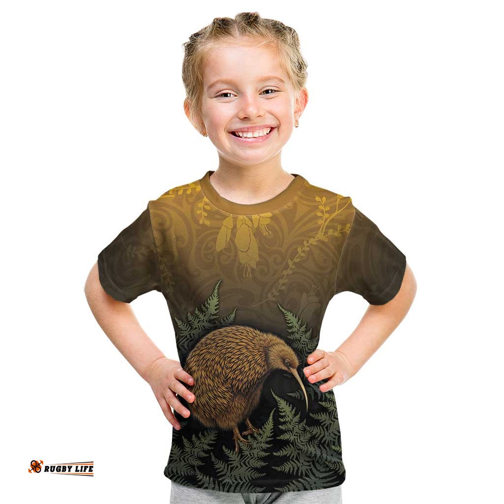 New Zealand Kiwi Bird Kid T Shirt Silver Fern Mix Maori Pattern LT05