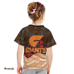 GWS Giants ANZAC Day Kid T Shirt Indigenous Dot Art with Poppy Flower Tribute TS04