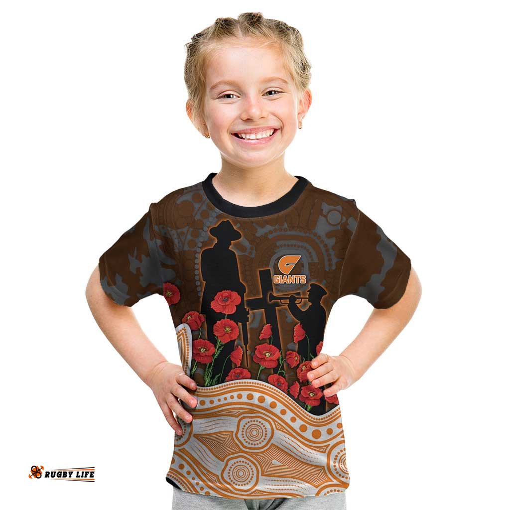 GWS Giants ANZAC Day Kid T Shirt Indigenous Dot Art with Poppy Flower Tribute TS04