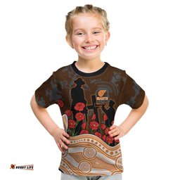GWS Giants ANZAC Day Kid T Shirt Indigenous Dot Art with Poppy Flower Tribute TS04