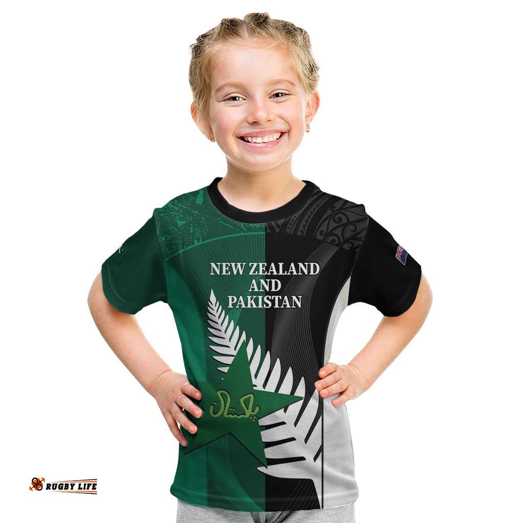 Custom New Zealand And Pakistan Cricket Kid T Shirt 2025 Black Cap Shaheens Together LT14