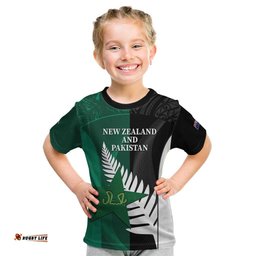 Custom New Zealand And Pakistan Cricket Kid T Shirt 2025 Black Cap Shaheens Together LT14