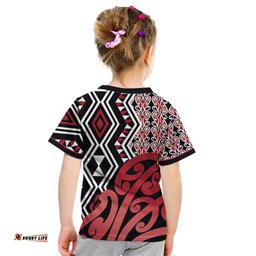 New Zealand Kid T Shirt Aotearoa Kowhaiwhai Mix Taniko Art - Red LT14