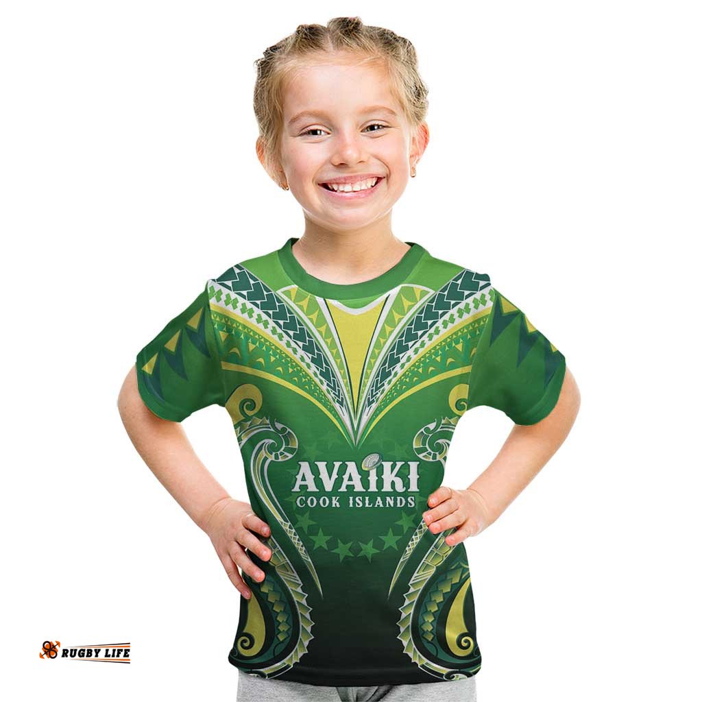 Custom Rugby Cook Islands Avaiki Kid T Shirt Green Kuki Airani Tribal Maori Inspired LT9