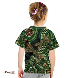 Green Indigenous Dragonfly Australia Kid T Shirt Aboriginal Art LT14