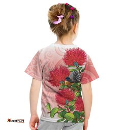 New Zealand Fantail Kid T Shirt Maori Koru With Pohutukawa Flowers LT05