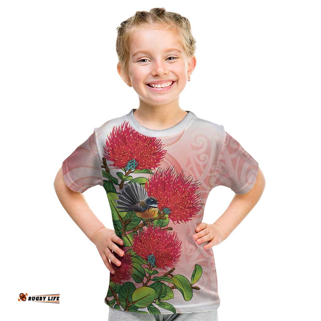 New Zealand Fantail Kid T Shirt Maori Koru With Pohutukawa Flowers LT05