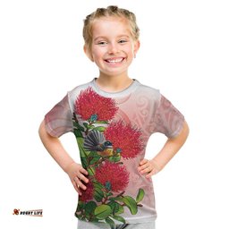 New Zealand Fantail Kid T Shirt Maori Koru With Pohutukawa Flowers LT05