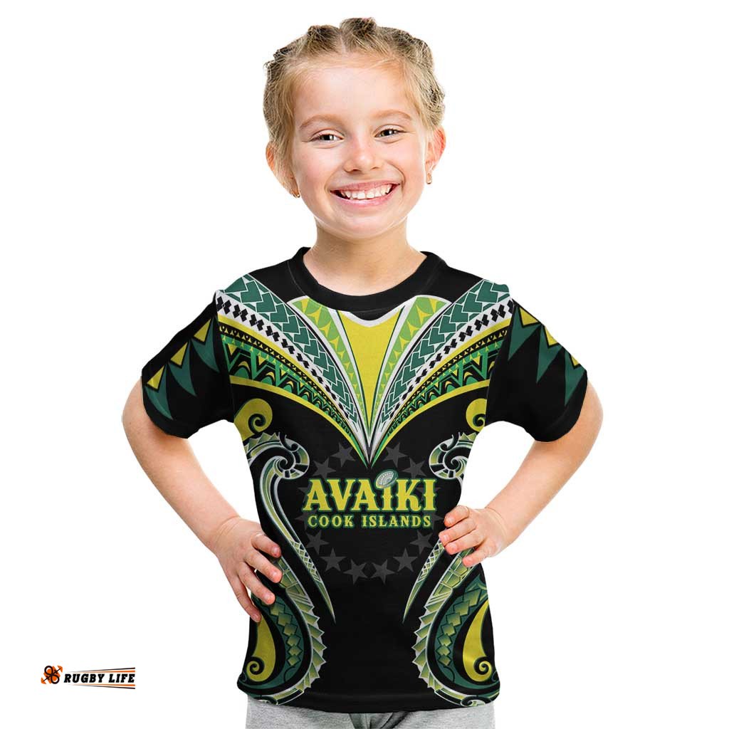Custom Rugby Cook Islands Avaiki Kid T Shirt Black Kuki Airani Tribal Maori Inspired LT9
