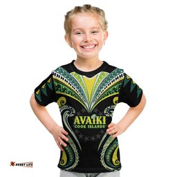 Custom Rugby Cook Islands Avaiki Kid T Shirt Black Kuki Airani Tribal Maori Inspired LT9